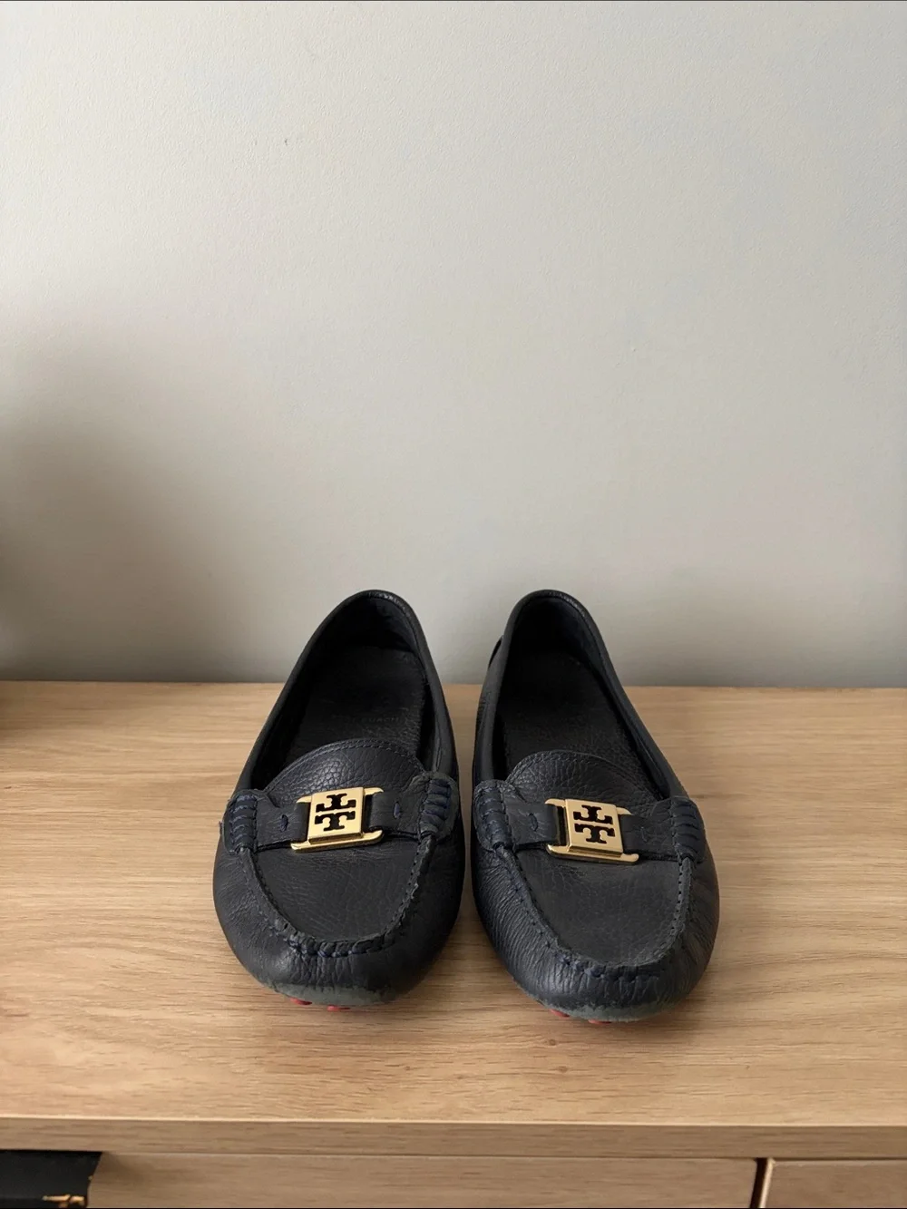 Tory Burch Navy Leather Loafers with Gold Logo Accent